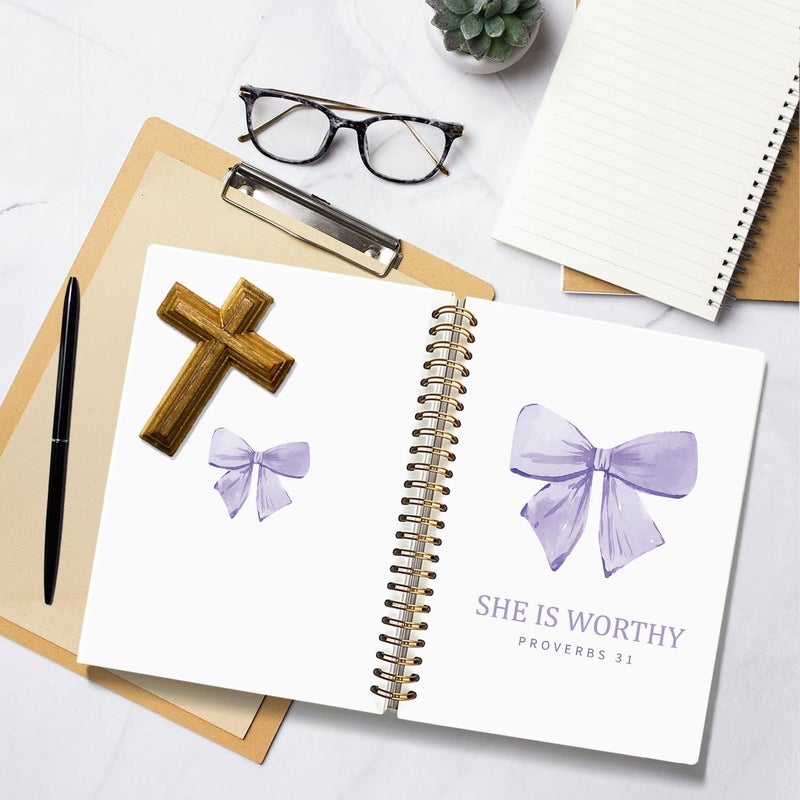 WLIANG LIANHW Coquette Purple Bow Spiral Bible Notebook for Note Taking, She is Worthy Christian Notebook for Women, Aesthetic Preppy Bible Study Journal, Christian Hardcover Notebook 5.5 x 8.3 - Image 5